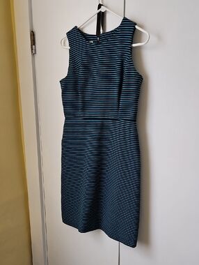 Talbots Navy and Teal Striped Midi Sheath Dress